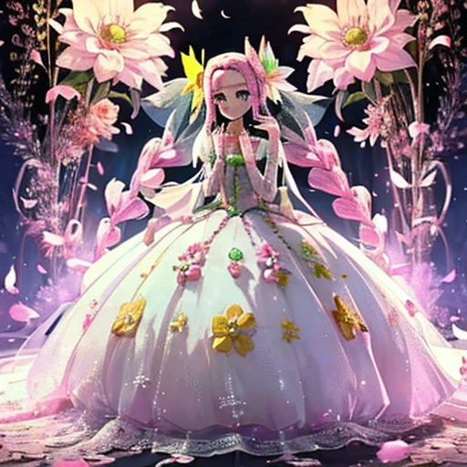 Full body drawing, Perfect Face, 1 Girl, Middle school students, Pretty Cure, White skin, Pink Hair, Distinctive long braided twin tails, behind, white flower, Yellow butterfly hair accessory, White Veil, green eyes with pink flower, White Long Wedding Dress, a big magenta flower, original design, Cure Felice, Emerald Style, flower, beautiful, Princess, Royal, cute, smile, kind, Soft, pastel, looking at the camera, Front facing, Front Light, noon