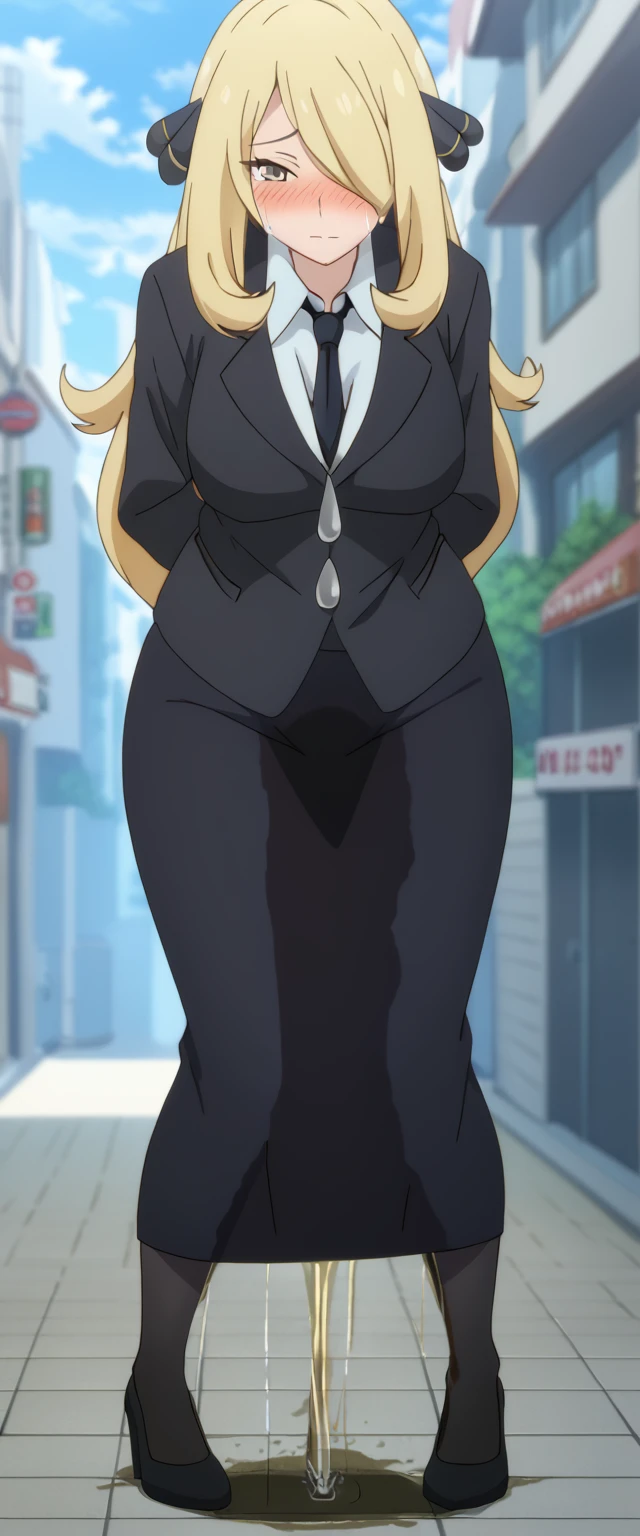 (high quality,Very detailed:1.37, High resolution), 2d, anime, anime style, anime source, Woman, Cynthia \(Pokemon\), business suit, necktie, (long skirt:1.25), (pencil skirt:1.5), pantyhose, huge breasts, cleavage, looking at viewer, masterpiece, best quality, (wetting self:1.5), desperation, embarrassed, humiliation, (blushing:2.0), tears, standing, (hands behind back:1.5), city