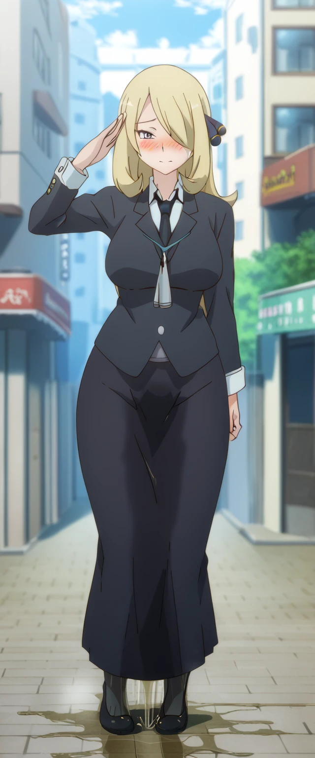 (high quality,Very detailed:1.37, High resolution), 2d, anime, anime style, anime source, Woman, Cynthia \(Pokemon\), business suit, necktie, (long skirt:1.25), (pencil skirt:1.5), pantyhose, huge breasts, cleavage, looking at viewer, masterpiece, best quality, (wetting self:1.5), desperation, embarrassed, humiliation, (blushing:2.0), standing, (salute:1.5), city