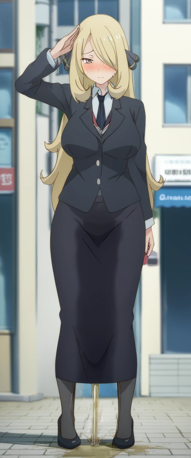 (high quality,Very detailed:1.37, High resolution), 2d, anime, anime style, anime source, Woman, Cynthia \(Pokemon\), business suit, necktie, (long skirt:1.25), (pencil skirt:1.5), pantyhose, huge breasts, cleavage, looking at viewer, masterpiece, best quality, (wetting self:1.5), desperation, embarrassed, humiliation, (blushing:2.0), standing, (salute:1.5), city