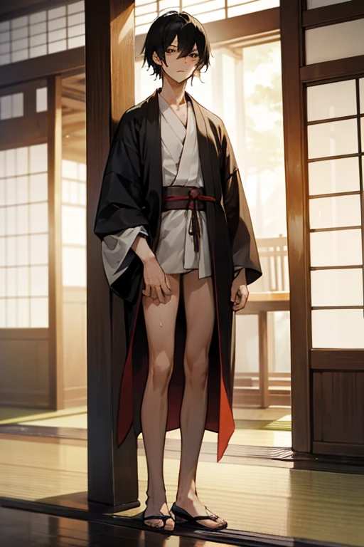 masterpiece, best quality, high quality, 1boy,, , duo, male focus, full body, looking at viewer, white hair,spiky hairstyle, short hair, steam smork, japan style, anime coloring, shy, home muji style, detailed face, topless, white towel on waist,