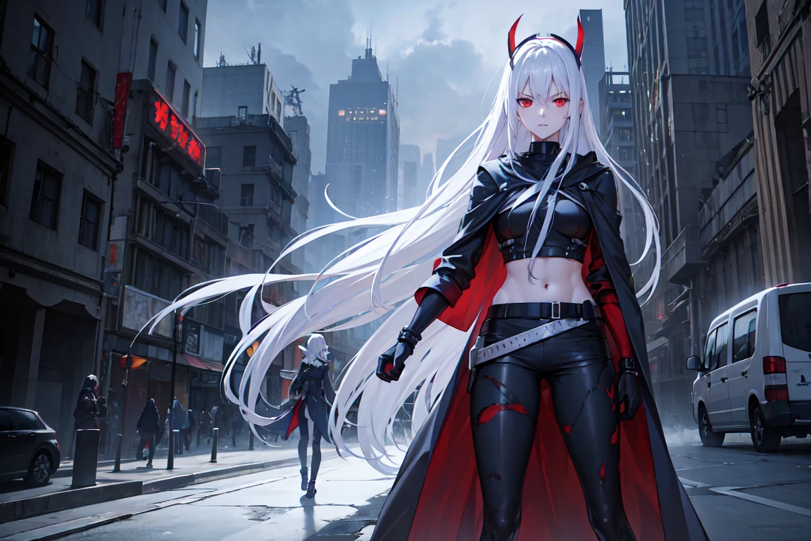  red eyes, accelerator (toaru majutsu no index), constricted pupils, white hair, shirt, solo, choker, striped shirt, striped, albino, wide hips, torn clothes, massive hips, apocalypse, destroyed city, ruins, dark sky, from front, belt, black headwear, black pants, black shirt, blue gloves, crop top, gloves, leggings, midriff, navel, pants, shirt, sleeveless, cape, coat, open coat, blue insides