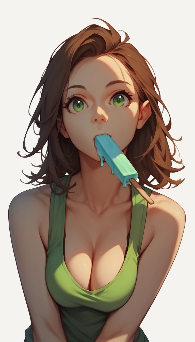 score_9, score_8_up, score_7_up, score_6_up, score_5_up, score_4_up, Alluring cute girl, brown hair, olive green eyes, sleeveless, cleavage, mouth hold, popsicle, food in mouth, white background, closeup, concept art