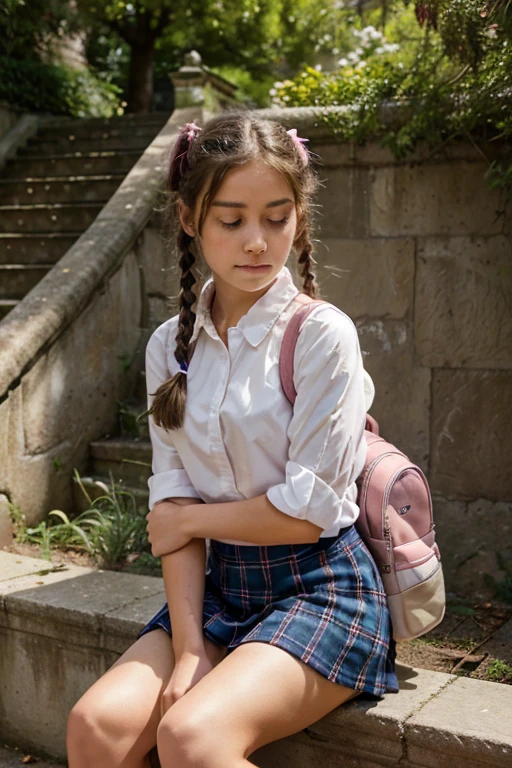 Ponytail hair Kurdish teen with backpack in room tin body 