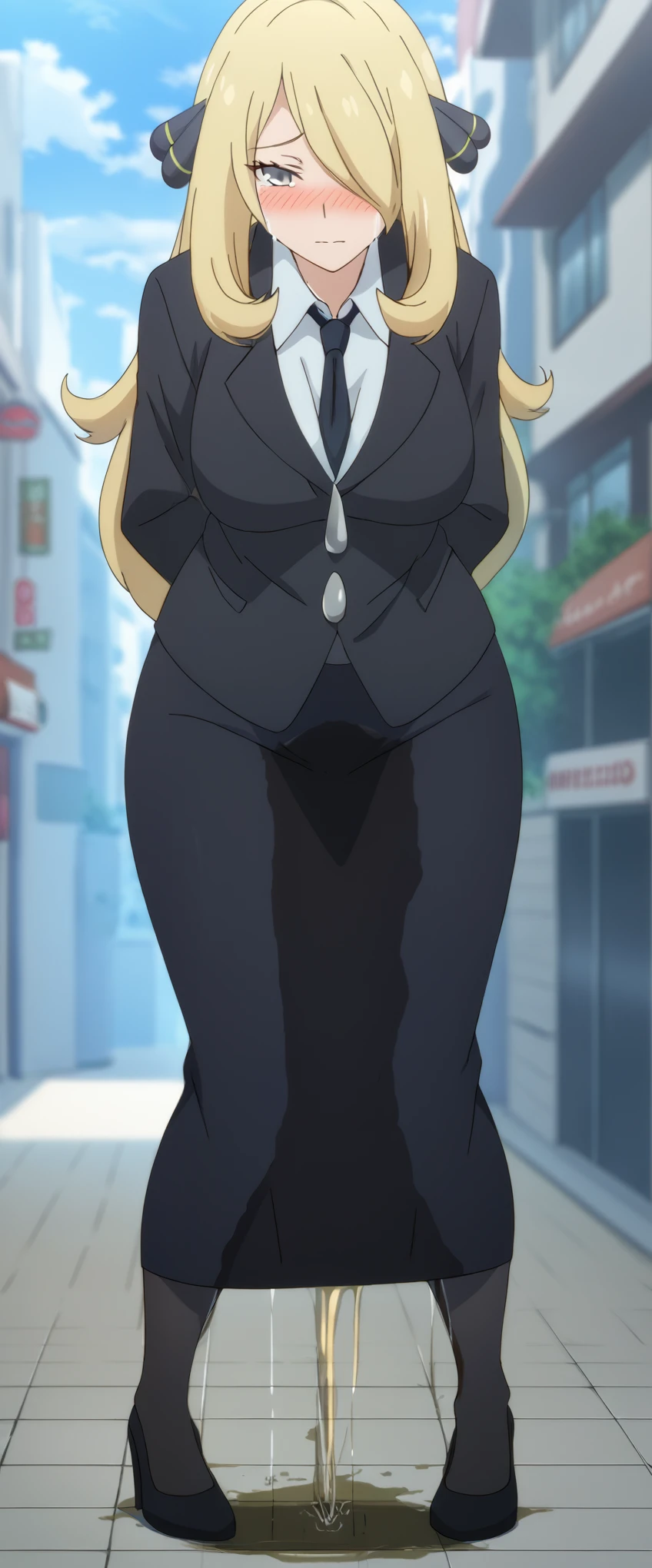 (high quality,Very detailed:1.37, High resolution), 2d, anime, anime style, anime source, Woman, Cynthia \(Pokemon\), business suit, necktie, (long skirt:1.25), (pencil skirt:1.5), pantyhose, huge breasts, cleavage, looking at viewer, masterpiece, best quality, (wetting self:1.5), desperation, embarrassed, humiliation, (blushing:2.0), tears, standing, (hands behind back:1.5), city