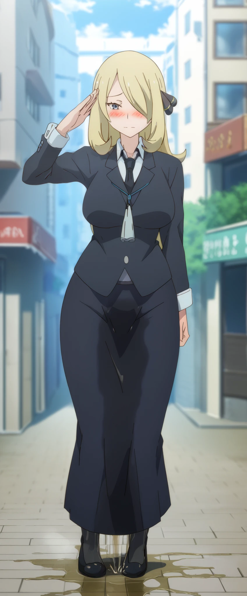 (high quality,Very detailed:1.37, High resolution), 2d, anime, anime style, anime source, Woman, Cynthia \(Pokemon\), business suit, necktie, (long skirt:1.25), (pencil skirt:1.5), pantyhose, huge breasts, cleavage, looking at viewer, masterpiece, best quality, (wetting self:1.5), desperation, embarrassed, humiliation, (blushing:2.0), standing, (salute:1.5), city