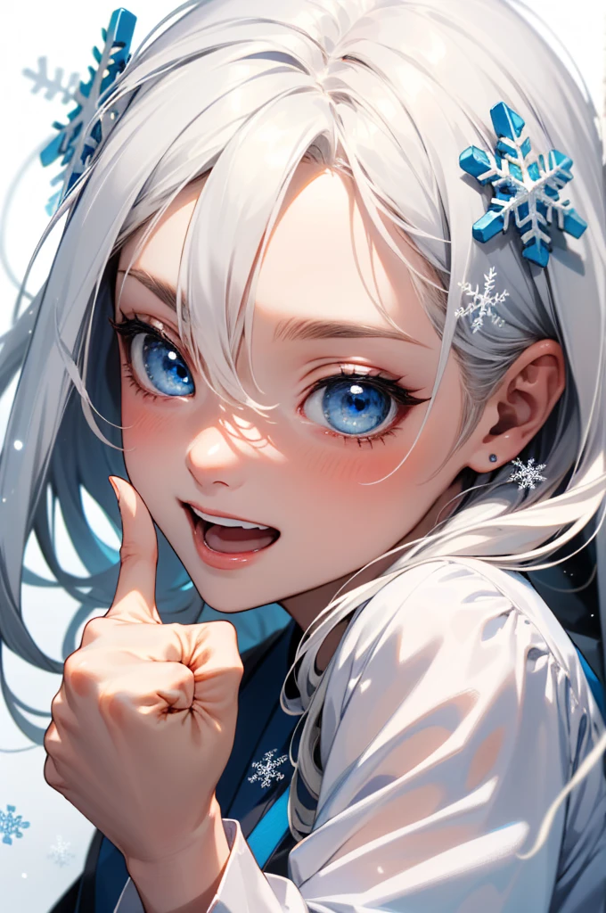 best quality, masterpiece, upper body, 1girl, :d, blue eyes,full bust, (thumbs_up, five finger:1.2), White background, Deep blue eyes,Pale white hair, Snowflake-shaped hair ornaments, Detailed hands, detailed face, detailed hairstyle,Blue outfit, long-hair woman,Japanese anime style,