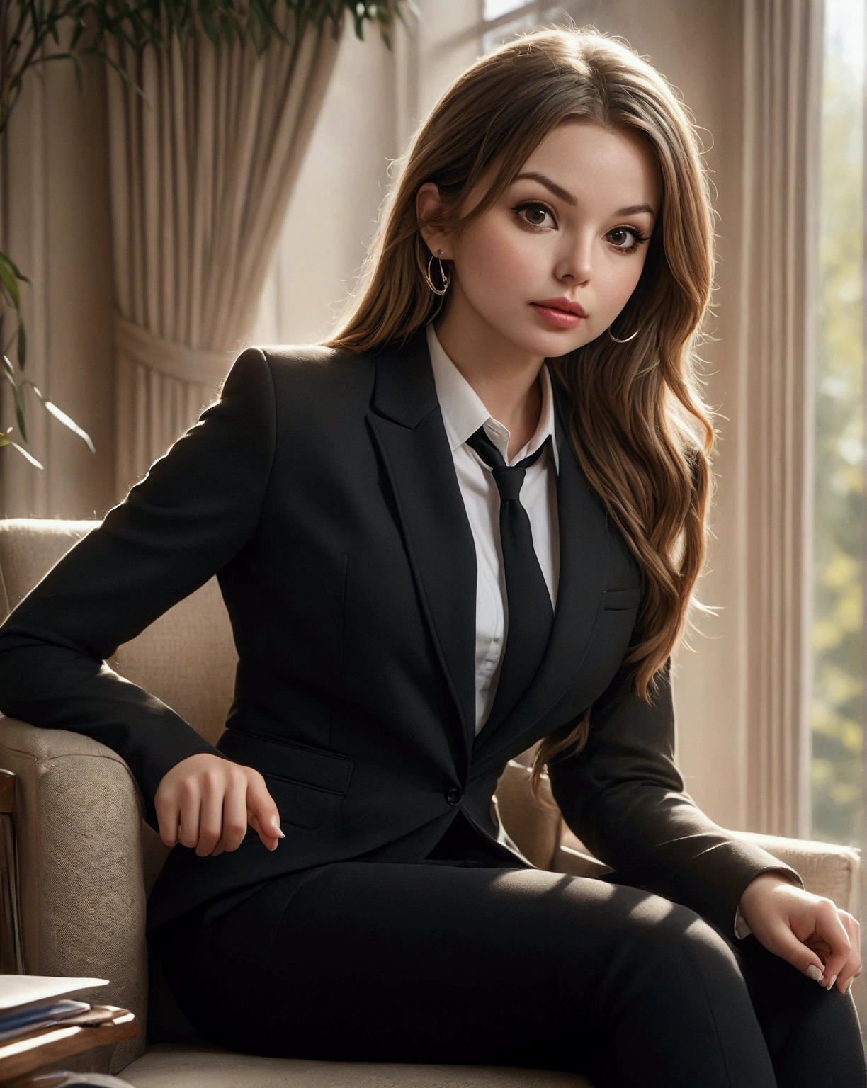 The woman is seated in a comfortable armchair with her legs slightly crossed, wearing a fitted black blazer over a simple black top. Her body type is slim, with a posture that suggests ease yet professionalism. Her figure is well-proportioned, with relaxed shoulders and a slightly elongated neck.

Her face is oval-shaped with soft, delicate features. Her complexion is fair, with a light, natural glow to her skin. She has full lips, lightly pursed, which gives her a thoughtful, almost pensive expression. Her nose is slightly rounded at the tip, complementing her gentle facial structure. Her eyes are large and almond-shaped, set evenly apart, with a calm, observant gaze directed slightly to the right. Her brows are neatly shaped and not overly thick, following the natural arch above her eyes.

She has light brown hair pulled back into a loose, low bun, with a few wisps framing her face subtly, giving a casual yet polished look. She’s holding a pair of thin black-rimmed glasses in her right hand, resting them near her lips, as though pausing mid-thought. Her left hand supports a stack of blue folders resting on her lap, further suggesting a professional or business setting. Her earrings are small, simple hoops, adding a minimalistic touch to her ensemble.

The woman exudes a calm, collected demeanor, as though she is carefully considering something or listening attentively. The entire scene conveys a sense of professionalism mixed with quiet reflection. The light coming in from the window to her left illuminates her softly, adding a warm, natural tone to the image without being overly bright.