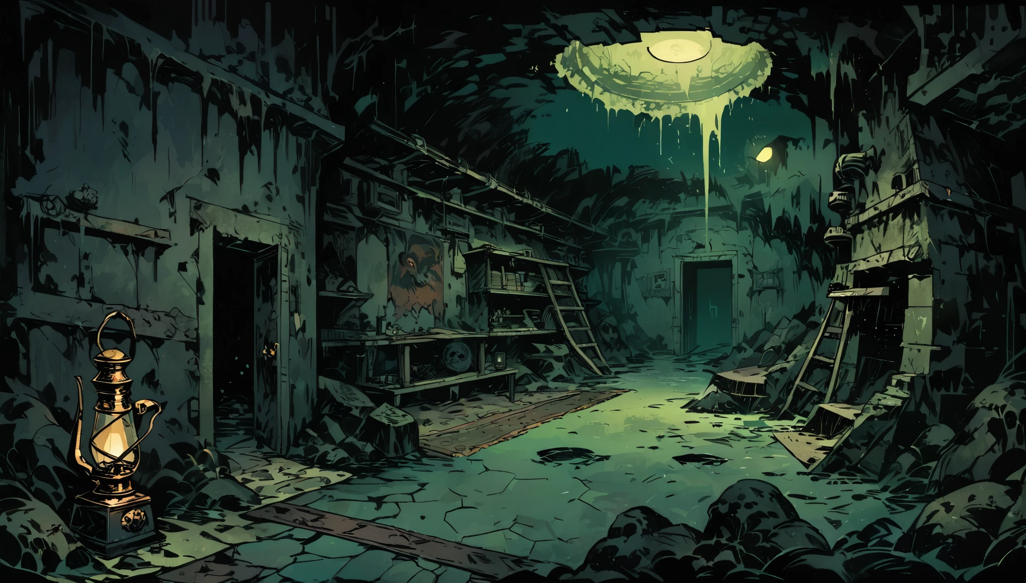 high-definition 8k comicish artwork of narrow passage, claustrophobic, dimly lit, flickering lights, rustic walls, carpets, old paintings, eerie echoes, shadows, cold air, isolation, fear of the unknown, tension, deteriorating structure, dark corners, low visibility, survival, sense of danger, oppressive atmosphere, post-apocalypse, mysterious environment, minimal resources, haunting silence, gloom, WW1 bunker, (old detailed oil lamp), masterpiece, thick outlines style