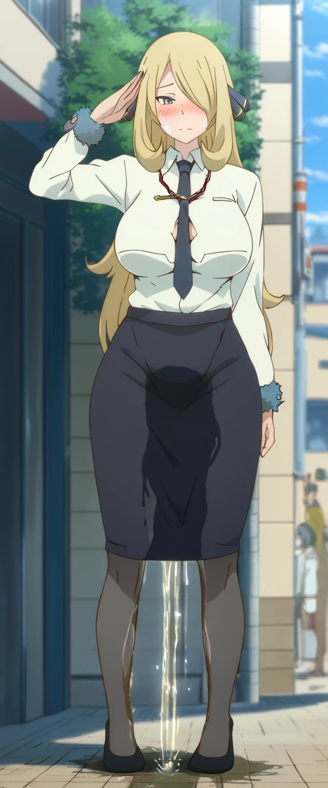 (high quality,Very detailed:1.37, High resolution), 2d, anime, anime style, anime source, Woman, Cynthia \(Pokemon\), business suit, necktie, (long skirt:1.25), (pencil skirt:1.5), pantyhose, huge breasts, cleavage, looking at viewer, masterpiece, best quality, (wetting self:1.5), desperation, embarrassed, humiliation, (blushing:2.0), standing, (salute:1.5), city