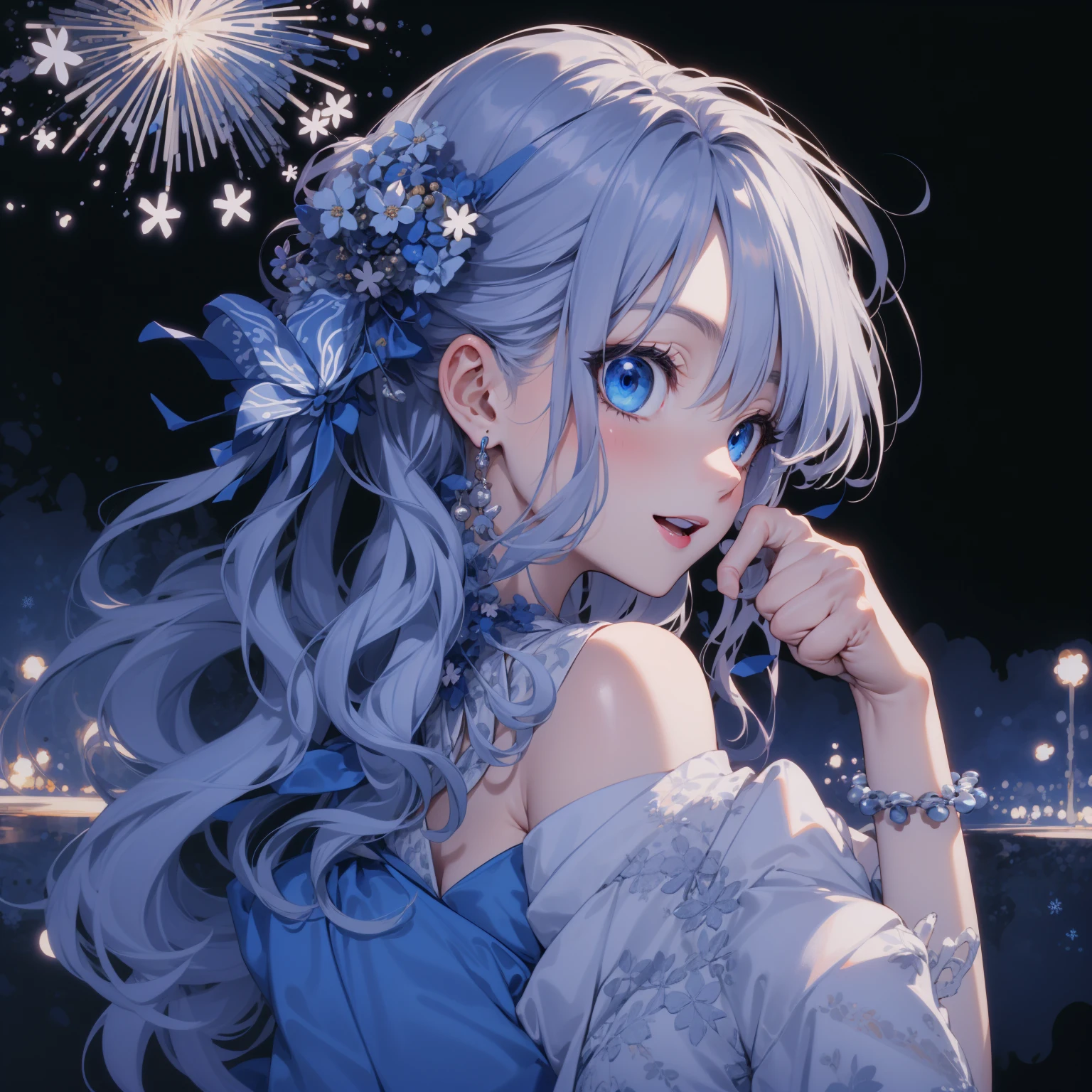 best quality, masterpiece, upper body, 1girl, :d, blue eyes,full bust, (thumbs_up, five finger:1.2), White background, Deep blue eyes,Pale white hair, Snowflake-shaped hair ornaments, Detailed hands, detailed face, detailed hairstyle,Blue outfit, long-hair woman,Japanese anime style,