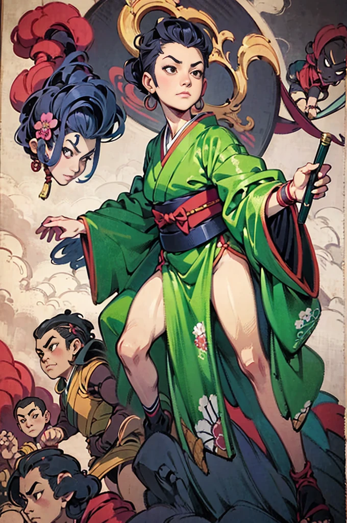 A woman in a kimono、Anime poster with a demon in the background, JC Leyendecker and Sachin Teng, In the Ukiyo-e art style, Inspired by Shunkōsai Hokushū, Traditional Japanese Conceptual Art, Japanese Art Style, Korean Art Nouveau Animation, Inspired by Koryusai Isoda, satoshi kon artstyle