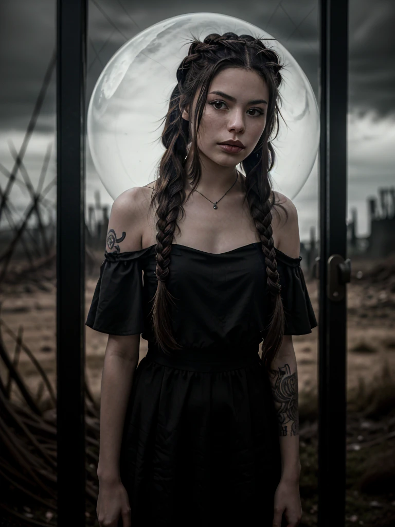 Photo of miranda cosgrove angulo medio, ((style dark fantasy)),in a gothic outfit, tattooed arms, apocalyptic scenery, solo, long hair with braids, hyper-detailed, looking at the viewer, sensual look, slender body, slender, dark atmosphere, photography, photo shoot, ethereal lighting, captured by Panavision Panavision Panavision Panaflex Platinum Camera with Panavision Primo Primes 50mm T1.9 spherical lens