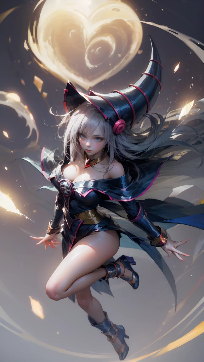 (masterpiece:1.2), (The best quality:1.2), Perfect lighting, Dark Magic Girl casting a spell, in battle. floating in the air, visible medium tits, transparent neckline, blue robe, big hat, from above, Sparkles, Yugioh game, The magic of the heart. LIGHTS OF THE HEART, Romantic heart. She wears heels. has heels. Wear heels 