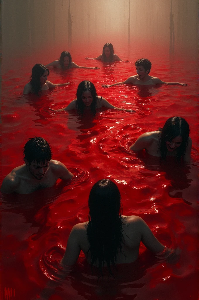 (best quality,realistic,photorealistic:1.37),ultra-detailed,2girls,blood-covered mouths,passionate kiss,red lighting,horror,dark atmosphere,macabre,haunting,emotional intensity,dripping blood,pale skin,wet hair,tangled locks,sinister expressions,tight embrace,romantic,thick,visceral,gore,gruesome embrace,dramatic,artistic,gothic,vivid colors,contrast,dark shadows,fierce love,sensual,provocative,obscure,violent passion,forbidden love,tragic beauty,eye contact,bloody affair, oil painting, kissing, naked, holding eachother