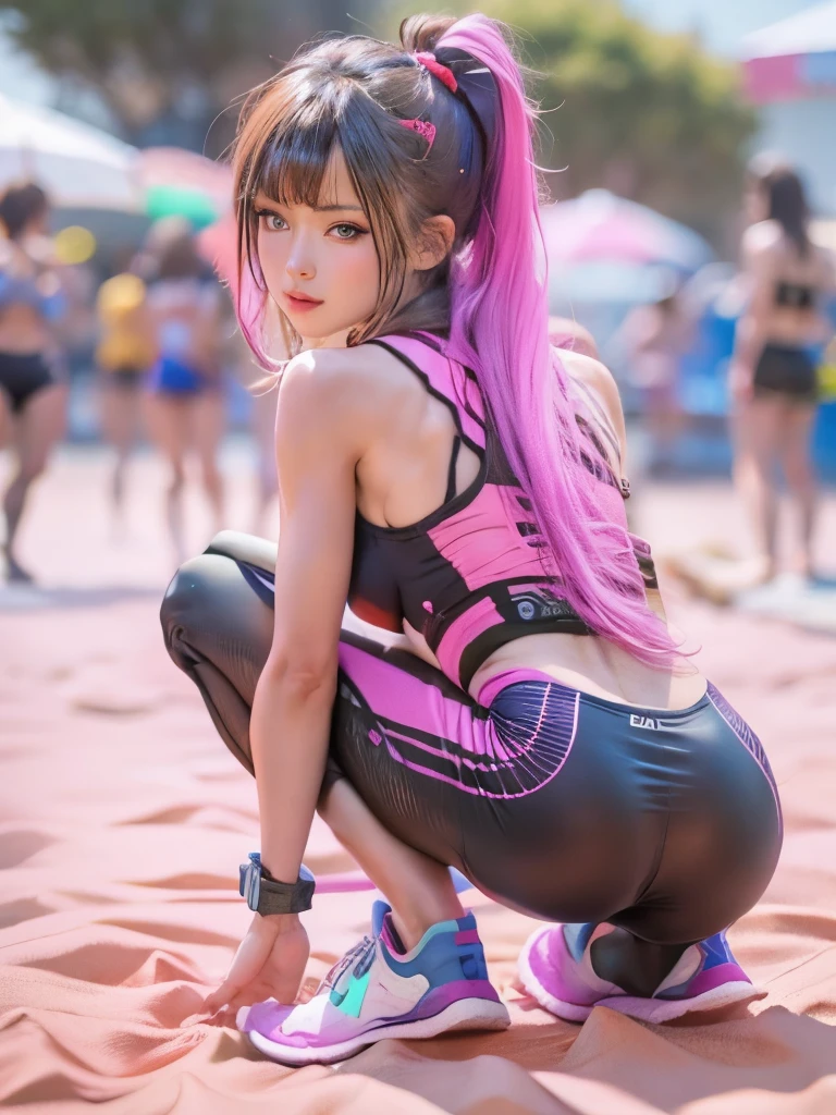 crouching！、Dynamic pose、Spread your legs、Glasses、Dark Skin、 Beautiful girls、Breast Medium, perfectly erect nipples, (Light Smile:1.07),Cyberpunk、Sleeveless、(Shiny colorful beach volleyball costume legs 1.8),(Soaking wet:1.15) (Full Body Shot)、((masterpiece))、 Very beautiful face and eyes，Colorful Korean Idol Hairstyles，Staring at the audience、 (embarrassed,blush:1.1),ass,(from behind:1.3),(multiple girls:1.3)