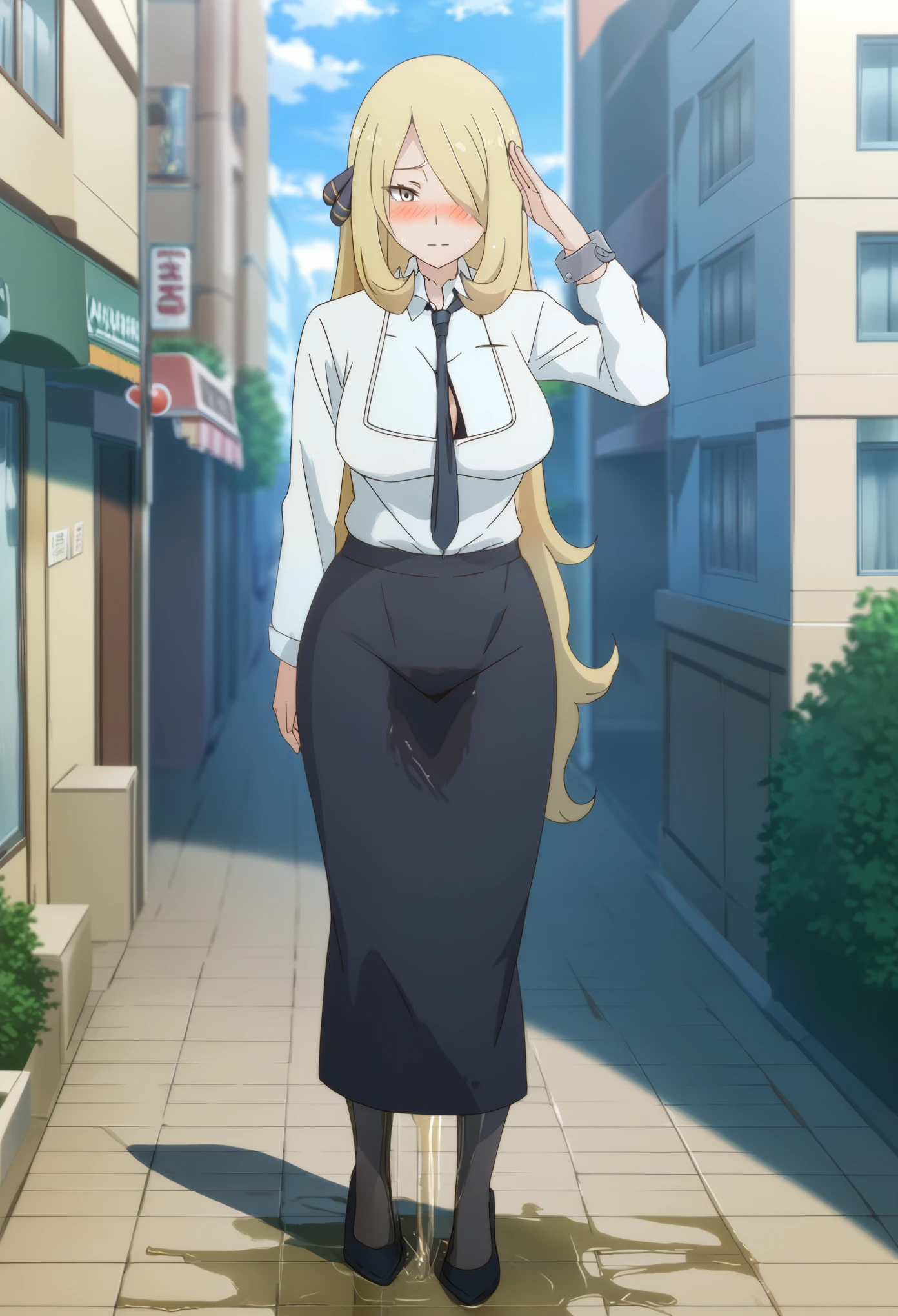 (high quality,Very detailed:1.37, High resolution), 2d, anime, anime style, anime source, Woman, Cynthia \(Pokemon\), business suit, necktie, (long skirt:1.25), (pencil skirt:1.5), pantyhose, huge breasts, cleavage, looking at viewer, masterpiece, best quality, (wetting self:1.5), desperation, embarrassed, humiliation, (blushing:2.0), standing, (salute:1.5), city