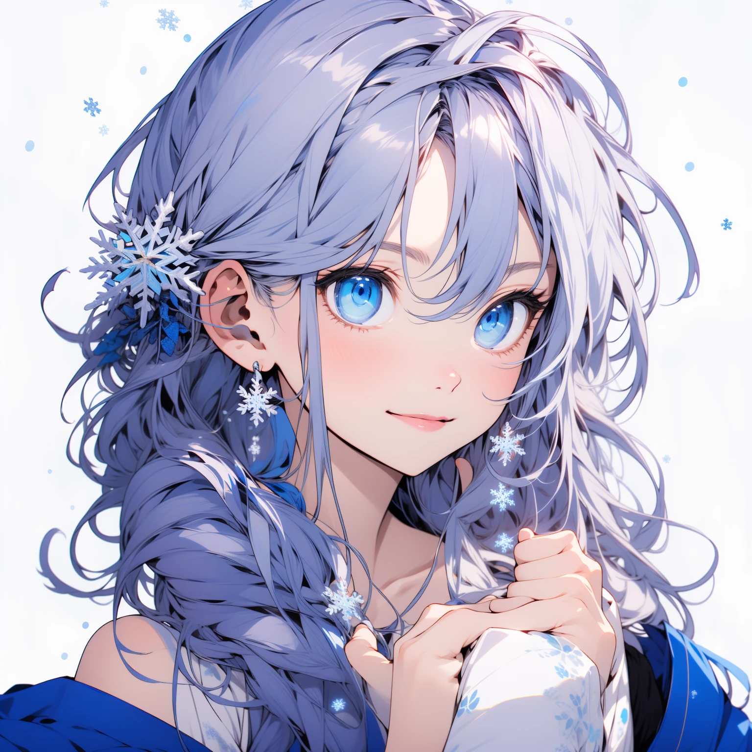 best quality, masterpiece, upper body, 1girl, :d, blue eyes,full bust, (thumbs_up, five finger:1.2), White background, Deep blue eyes,Pale white hair, Snowflake-shaped hair ornaments, Detailed hands, detailed face, detailed hairstyle,Blue outfit, long-hair woman,Japanese anime style,