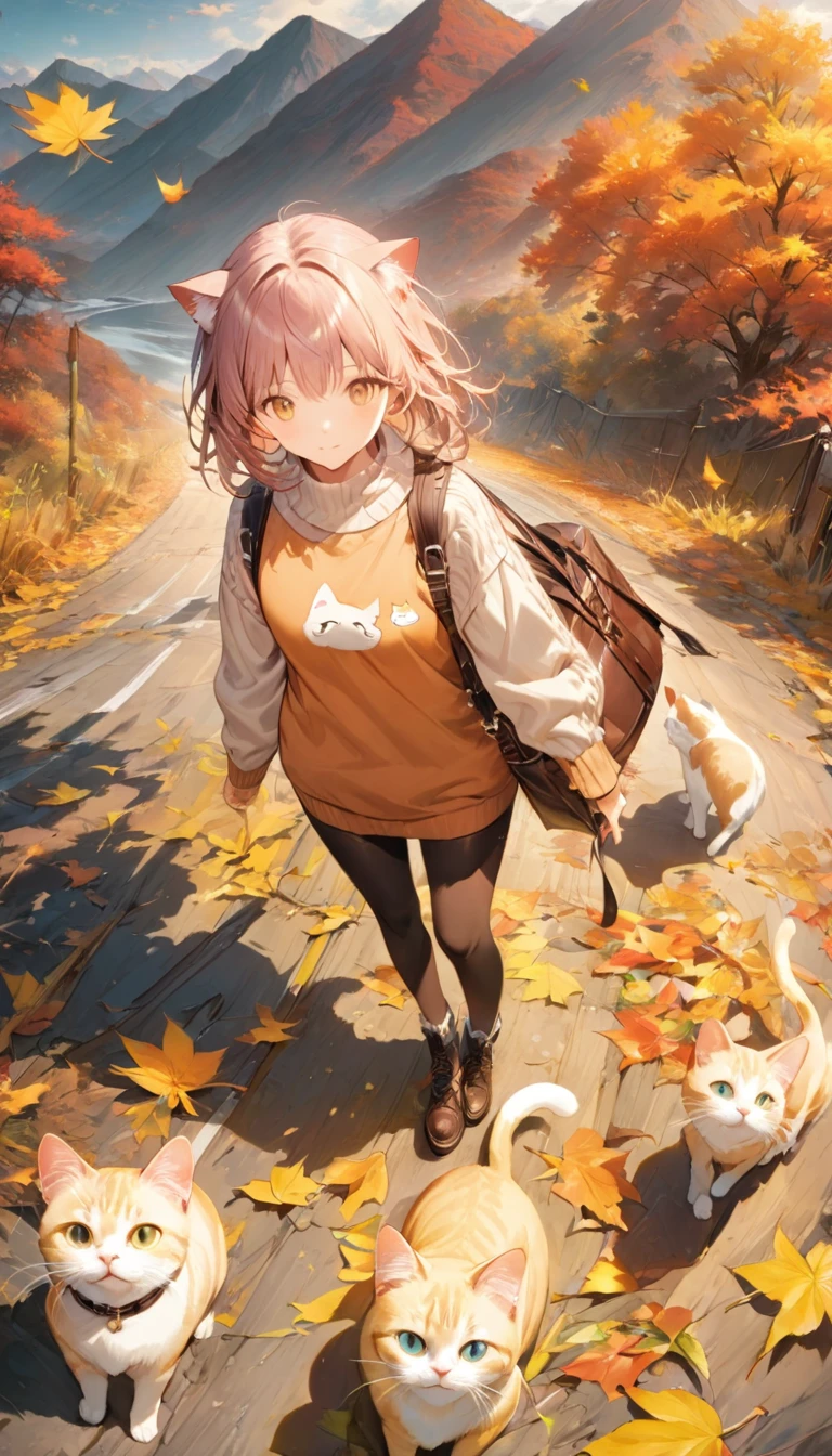 ((Highest quality)), ((masterpiece)), (detailed), 8k,Autumn walks: 「A scene of a woman walking along an autumn road with her cat。She is wearing a warm sweater、The cat is walking happily on a lead。Colorful fallen leaves are scattered around、Mountains in the distance々I can see。」、Conceptual Art, jpeg artifacts, First Person View, Nearby cats, Ultra-high resolution, Anatomically correct, Attention to detail, 超detailed