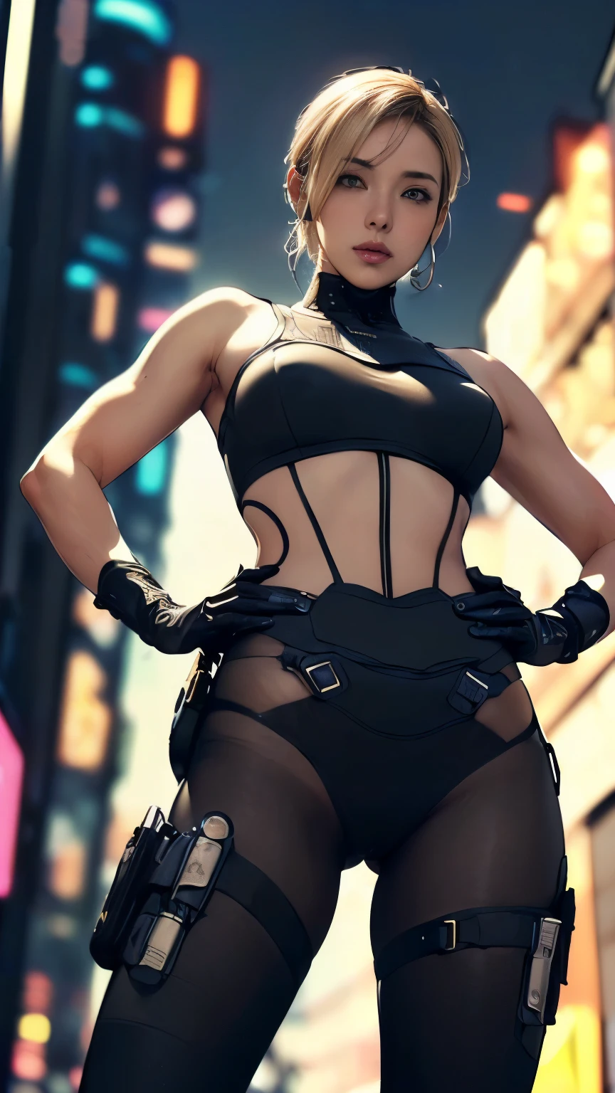 (A woman),(((Future female police officer standing))),((Black tactical tights:1.5)),((Camel toe:1.5)),((earphone:1.5)),((Tactical Holster:1.5)),(Gloves:1.5),(((Hands on Hips:1.5))),(front:1.5),(From below:1.2),(Super short hair:1.5),(bionde:1.5),(beautiful eyes:1.3),(Very detailedな顔:1.5),((Very detailed drawing of a female hand:1.5)),((muscular:1.5)),(Sexy look:1.5),((Thick thighs:1.5)),(Beautiful Body:1.5),((Very sensual:1.5)),(The backdrop is a futuristic city:1.5),(Cyberpunk atmosphere:1.5),(((Blurred Background:1.5))),(Written border depth:1.5),rest(((masterpiece:1.5),(best quality:1.5),(Very detailed:1.5),(high resolution:1.5),(Practical:1.5),(Practical:1.5),(Delicate depiction),(Carefully drawn))),8k,wallpaper