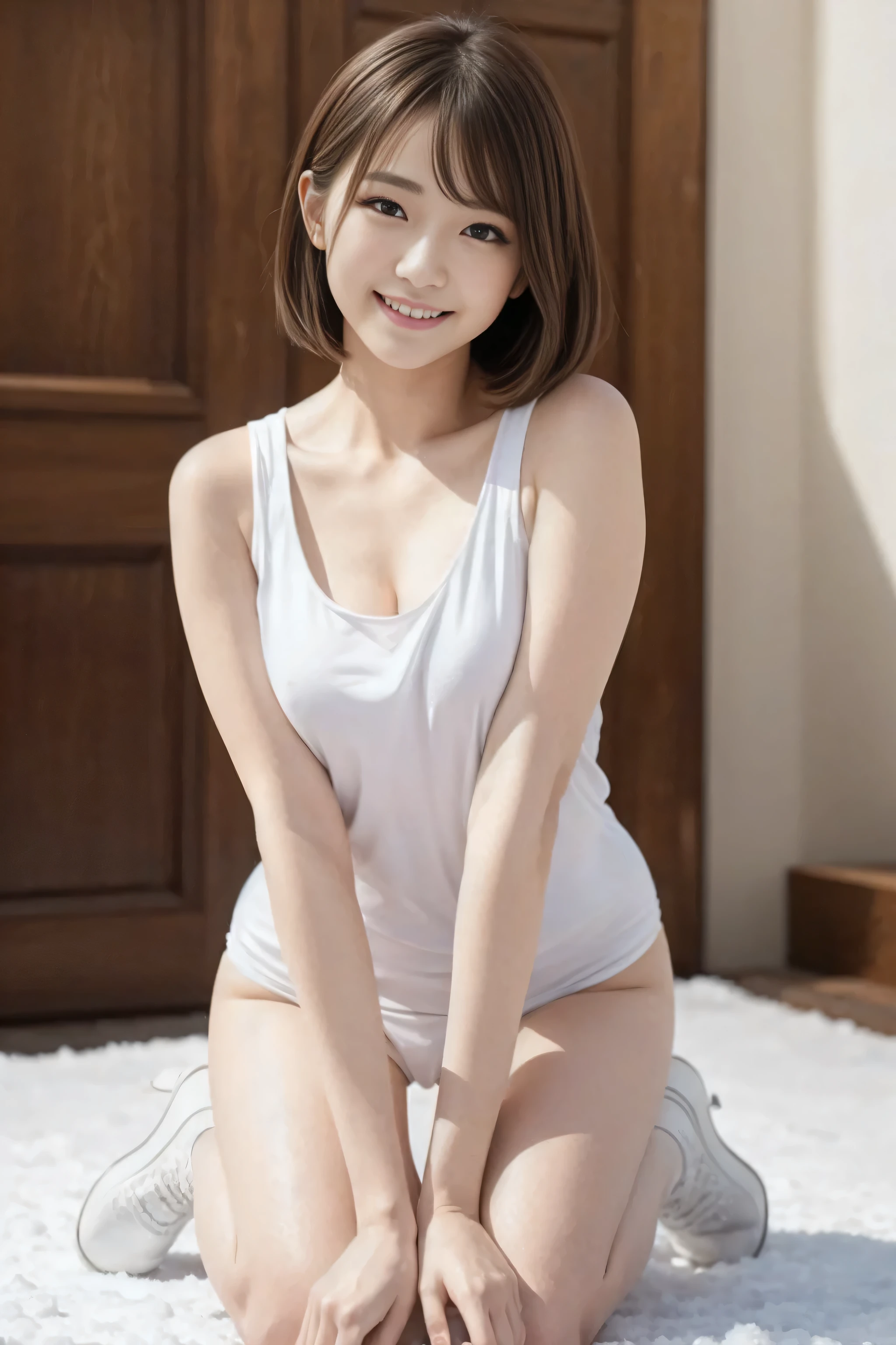 8K, high resolution, masterpiece, Practical, detailed, Delicate texture,，The cutest girl，As a photo idol in the snow、With shiny brown hair、Standing on your knees、Slim but voluptuous figure、She is dressed very seductively, Lovely white color fully visible, Beautiful Skin, Attractive thighs、and boots.。She smiled shyly..、Face the camera with a professional attitude。Her fashion and expression、The perfect balance of cuteness and elegance、attract the audience、&#39;University Teachers&#39;Don&#39;t Let Go.。Through this scene、Show her charm