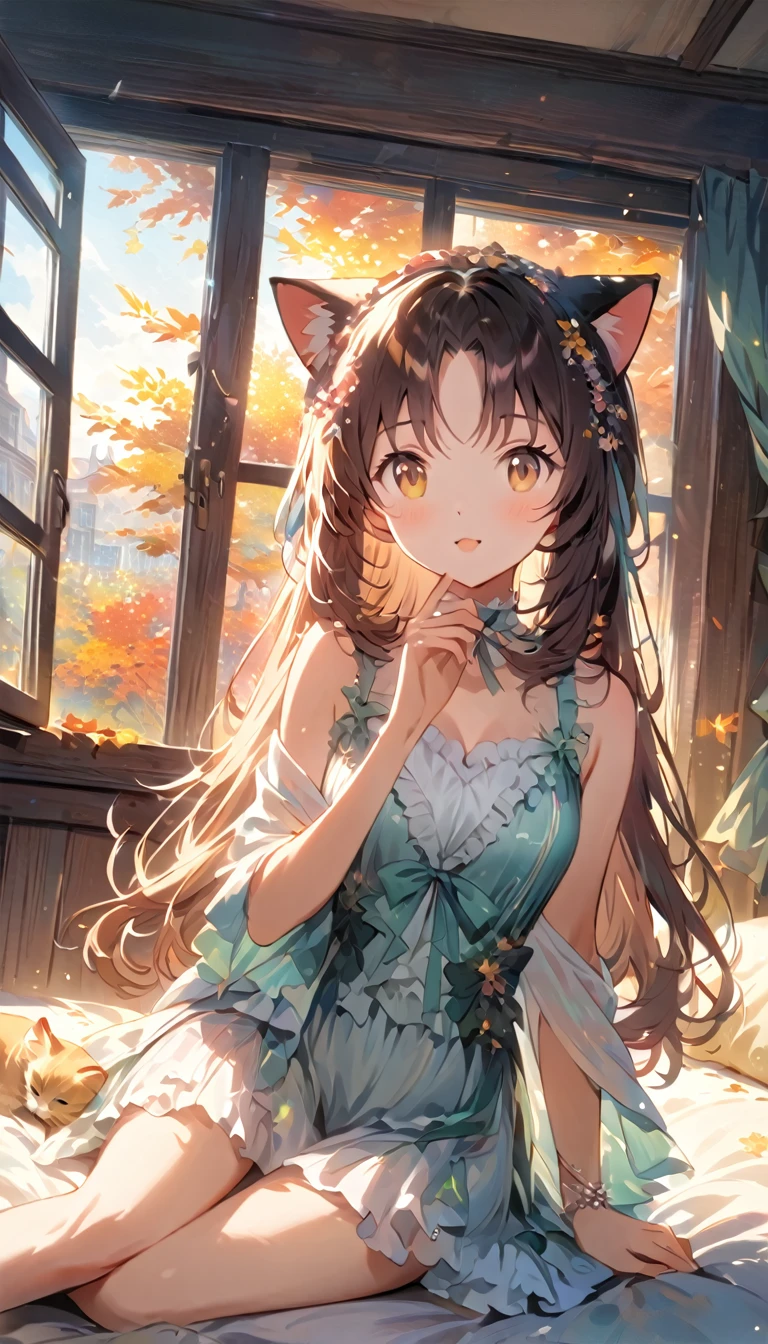 newest, masterpiece, best quality, amazing quality, very aesthetic, absurdres,from above,sitting,close up,standing,upper body,shy,1girl, ahoge, animal ears, bangs, bare shoulders, blush, brown eyes, brown hair, cat ears, closed mouth, commentary request, dress, extra ears, fang, flower, green dress, hair between eyes, hair flower, hair ornament, highres, ho****ve, long sleeves, looking at viewer,