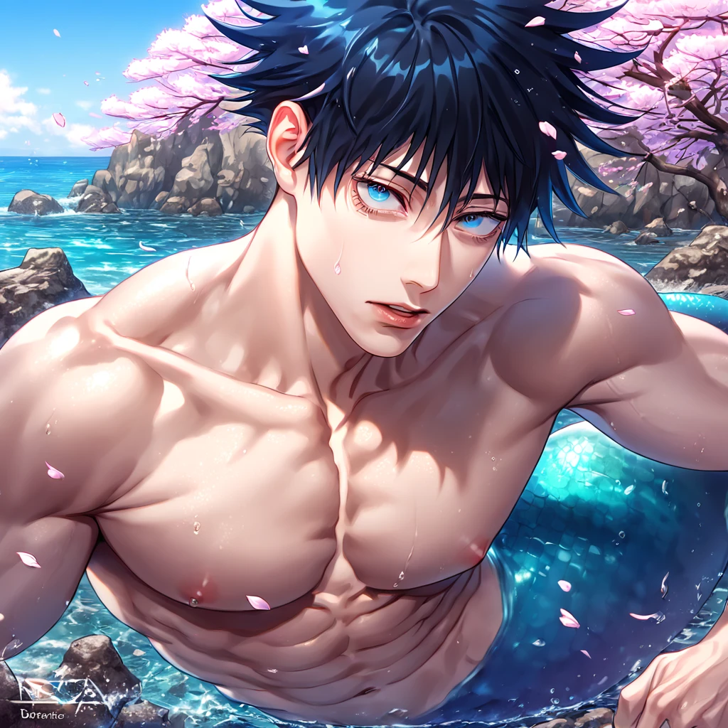 absurdres, highres, ultra detailed, HDR, master piece, best quality, detailed eyes, extremely detailed, delicated features, Fushiguro Touji, straight black hair, expressive green eyes, Jujutsu Kaisen, solo, sexy man, handsome, sensual, manly man, erotic, bare chest, summer, sea, beach, blue sky