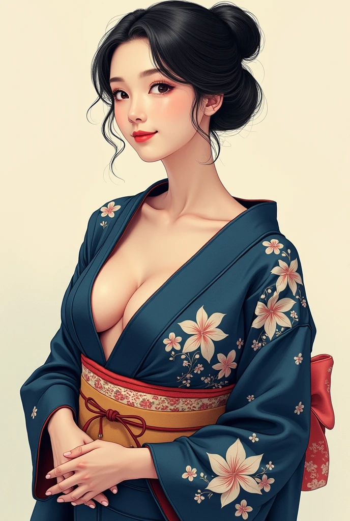 Standing posture、True Face、From the knee up、Underexposed eyes、Dark colored hair、long hair、sex appeal、glossy、Japanese、Kimono Beauty、Japan Warlords、warrior、Simple、smile、Height: 180cm、Heavy makeup、50 years old、Mature Woman、An illustration、warrior、woman、samurai、Intimidation、Dignity、aura、Updo、hairdresser