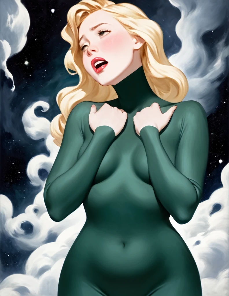 Oil painted  white woman. Her face  also slightly chubby. Her body  floating in space .She  wearing a dark green body suit with swirled with white. She has short blonde hair. She has her mouth open breathing heavily, she puts both her hands on her neck as if she choking and can’t breathe . She  on the verge of death. She  grabbing her neck. Full body view. Bare foot.