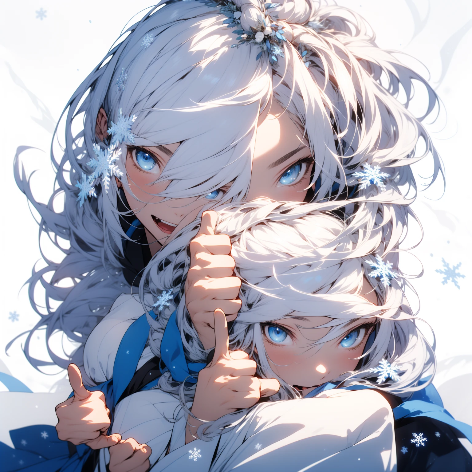 best quality, masterpiece, upper body, 1girl, :d, blue eyes,full bust, (thumbs_up, five finger:1.2), White background, Deep blue eyes,Pale white hair, Snowflake-shaped hair ornaments, Detailed hands, detailed face, detailed hairstyle,Blue outfit, long-hair woman,Japanese anime style,