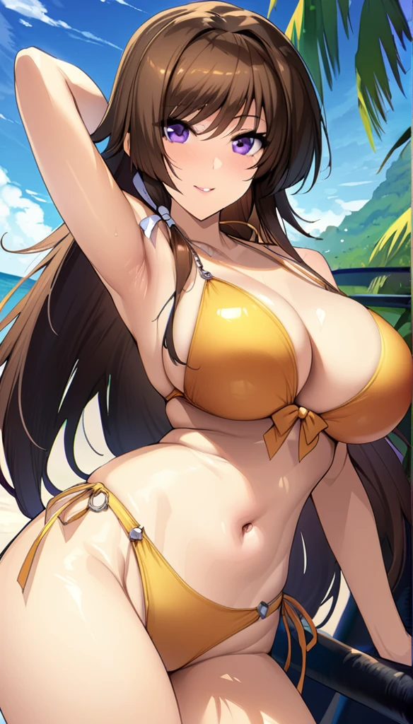 (masterpiece),(Highest quality),(Very detailed),(The best illustrations),(Best Shadow),(Absurd),(Detailed Background]]),(Very aesthetic), One Girl, alone, takamura yui, Brown Hair, Purple Eyes, Long Hair, Original Costume, Seductive lips, Large Breasts, Charming smile, Swimsuit, Spread your armpits, The background is blue sky,whole body,Cowboy Shot, 