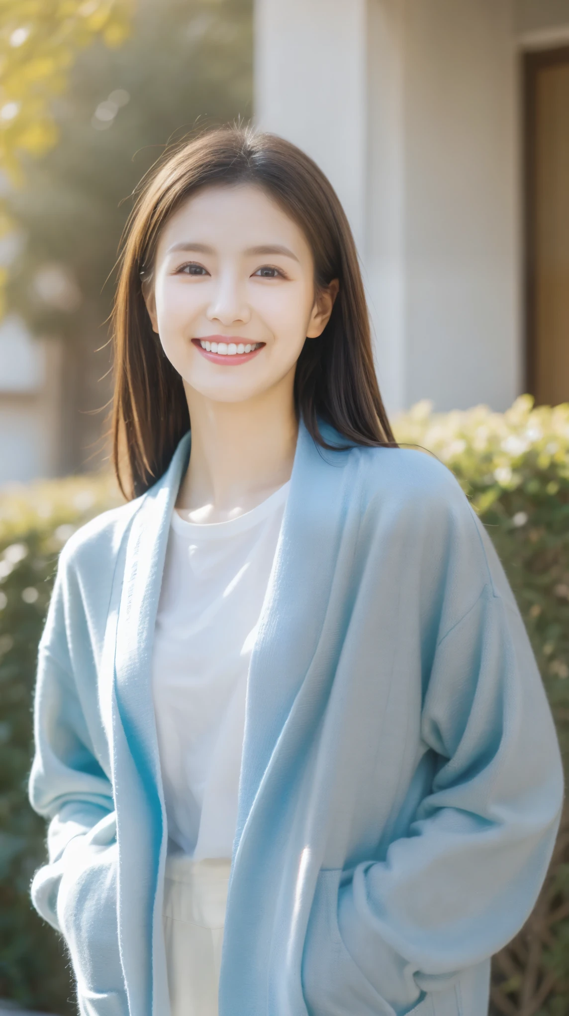 Highest quality,masterpiece,Ultra-high resolution,４５Japan Talented Woman，beautiful，The best smile，whole body，Blue Cardigan，White pants