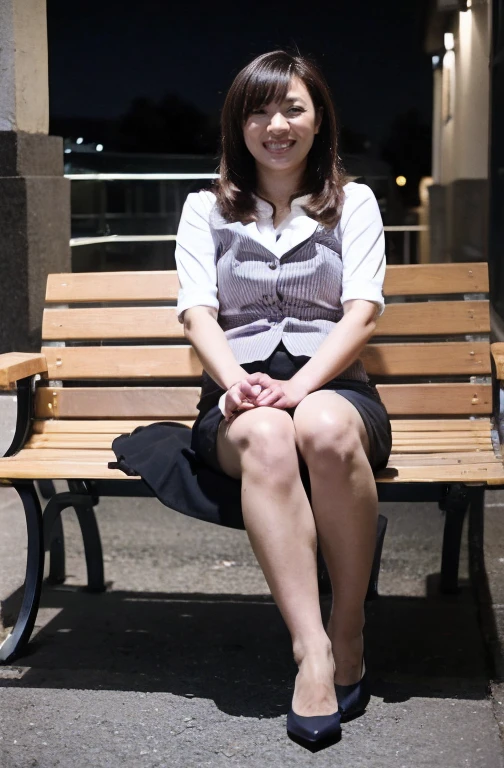 A naked Japanese woman with her coat open is sitting on a bench in a deserted park at night.　Her legs are open and facing me　Wearing black sandals　Black Mask