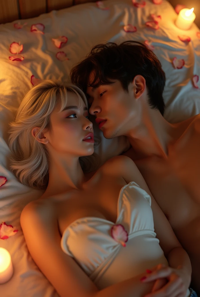 Generate me a photo of an Argentine girl, with a good bust, blue-eyed blonde with tears in her eyes, a crying butterfly tattoo on the legs of a boy with Korean features with not so slanted eyes with a white shirt full of red lipstick kisses and unbuttoned pants with a lip piercing. Both full body and white skin. In a red room on a bed and a picture hanging on the wall that says Azul and Zeth with hearts