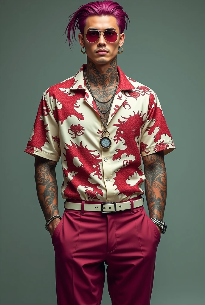 Extremely Heavily tattoed male ronin wearing a
beige kimono, complete torso tattoes, formal black pants. Yakuza tattoes.
anime