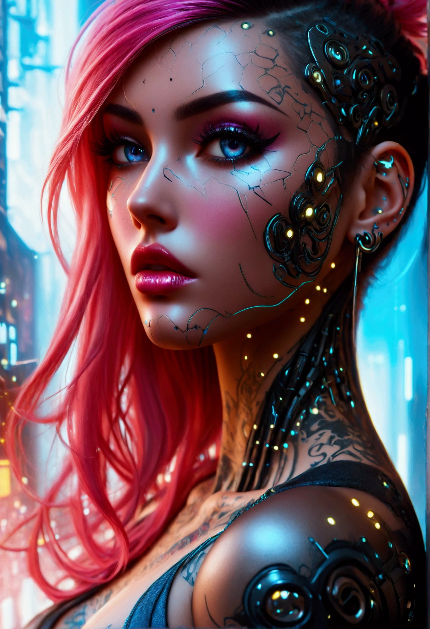 beautiful digital artwork, beautiful digital art, detailed beautiful face, 8k high quality oled detailed art, very beautiful digital art, digital art. highly detailed, beautiful detailed body, Create a hyper detailed photograph of a perfectly simetrical tattooed curved drop dead gorgeous cyberpunk 2077, Stunningly perfect gorgeous feminine face, bold, dramatic eyes, bold Eye Makeup, dramatic eyes, smudging layering and blending to dramatic, detailed vibrant neon glowing eyes, long hair, Focus on Skin A smooth even base is essential Makeup primers foundations and concealers Highlighting and Contouring to achieve a flawless canvas natural-looking, radiant glow, Gentle facial curves, Fuller cheek bones, Smaller and wider-set eyes, Less pronounced jawline, Symmetry perfection Proportion facial features, sexual curved heart shaped mouth, long beautiful tattooed legs, beautiful tattooed arms, perfect feminine curved body figure, detailed silky smooth skin, gigantic huge breasts, perfect heart shaped ass, beautiful long tattooed legs, Wearing cybernetics cyberpunk 2077 lingerie Jewels, fullbody view, showing complete body,