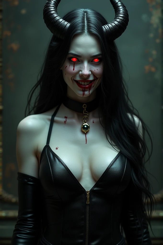 ((corpo inteiro):1.2), Uma vampira com cabelos brancos e olhos vermelhos brilhantes, ((peitos grandes):1.2), abdomen sexy, em uma casa abandonada, Estilo anime, alta qualidade, 8k