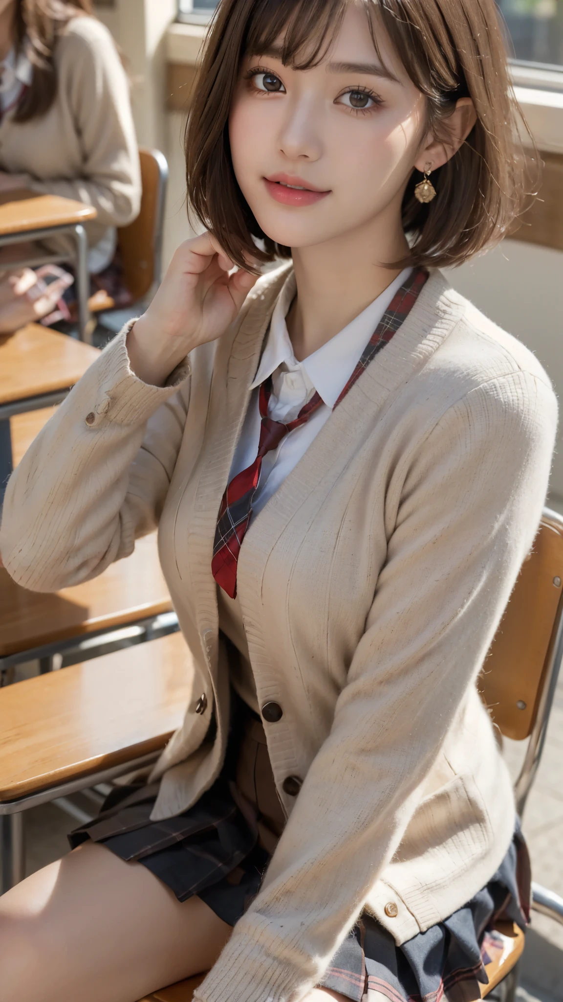 (A beautiful and cute high school girl in a school uniform is sitting in a chair in a high school classroom during lunch break, She is wearing a brown blazer and a plaid pleated skirt as her uniform, with a red ribbon accent around her collar:1.3), 
BREAK 
(Photorealistic, 32k, RAW photo, best quality:1.4), (masterpiece:1.3), (absurdres, attractive, ultra high resolution, ultra realistic, highly detailed, golden ratio, ultra detailed), 
BREAK 
1 beautiful woman, super fucking beautiful detailed face, natural makeup, intricate cloth texture, finely detailed hair texture, beautiful detailed full-body, perfect female form, accurate, Anatomically correct, Highly detailed face and skin texture, (beautiful elegant hands), (realistic skin), (beautiful pale skin:1.1), beautiful Breasts, 
(Perfect dynamic composition, looking at viewer, extreme close-up:1.3),
BREAK 
(School uniform, brown blazer & plaid pleated & red ribbon accent around her collar, detailed cloth texture), (Earrings), 
BREAK,
realistic eyes, beautiful detailed eyes, symmetric eyes, captivating detailed eyes, light brown eyes, double eyelids, thin eyebrows, (glossy lips:1.4), (kissable expression, blush:1.3), (beautiful smile:1.1), 
BREAK,
((short bob cut, dark brown hair, bangs:1.2)), (Daytime, classroom:1.3)