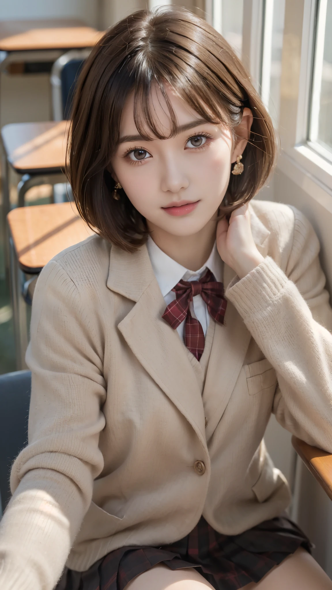 (A beautiful and cute high school girl in a school uniform is sitting in a chair in a high school classroom during lunch break, She is wearing a brown blazer and a plaid pleated skirt as her uniform, with a red ribbon accent around her collar:1.3), 
BREAK 
(Photorealistic, 32k, RAW photo, best quality:1.4), (masterpiece:1.3), (absurdres, attractive, ultra high resolution, ultra realistic, highly detailed, golden ratio, ultra detailed), 
BREAK 
1 beautiful woman, super fucking beautiful detailed face, natural makeup, intricate cloth texture, finely detailed hair texture, beautiful detailed full-body, perfect female form, accurate, Anatomically correct, Highly detailed face and skin texture, (beautiful elegant hands), (realistic skin), (beautiful pale skin:1.1), beautiful Breasts, 
(Perfect dynamic composition, looking at viewer, extreme close-up:1.3),
BREAK 
(School uniform, brown blazer & plaid pleated & red ribbon accent around her collar, detailed cloth texture), (Earrings), 
BREAK,
realistic eyes, beautiful detailed eyes, symmetric eyes, captivating detailed eyes, light brown eyes, double eyelids, thin eyebrows, (glossy lips:1.4), (kissable expression, blush:1.3), (beautiful smile:1.1), 
BREAK,
((short bob cut, dark brown hair, bangs:1.2)), (Daytime, classroom:1.3)