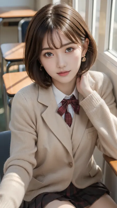 (a beautiful and cute high school girl in a school uniform is sitting in a chair in a high school classroom during lunch break, ...