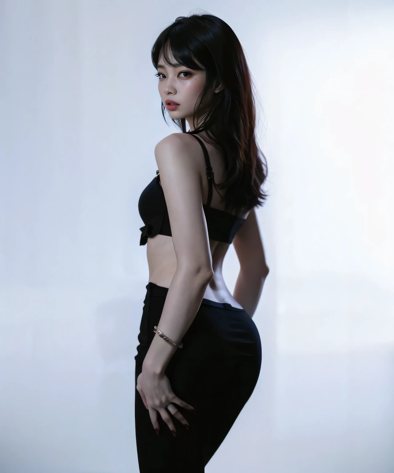 japan woman, aged 21, rounded face features, super cute, chubby, toned midriff, very big butt, thick thighs, enormous bust staying close to her body, red and black dress with translucent veils and skirt and golden chains . She is looking back over her shoulder seductively. In a porn studio, (sweat on the ass), ((focused on the pussy)), (Angle focused on the glutes), men holding their cocks with cum dripping, bending over pushing ass towards camera, perfectly normal vagina