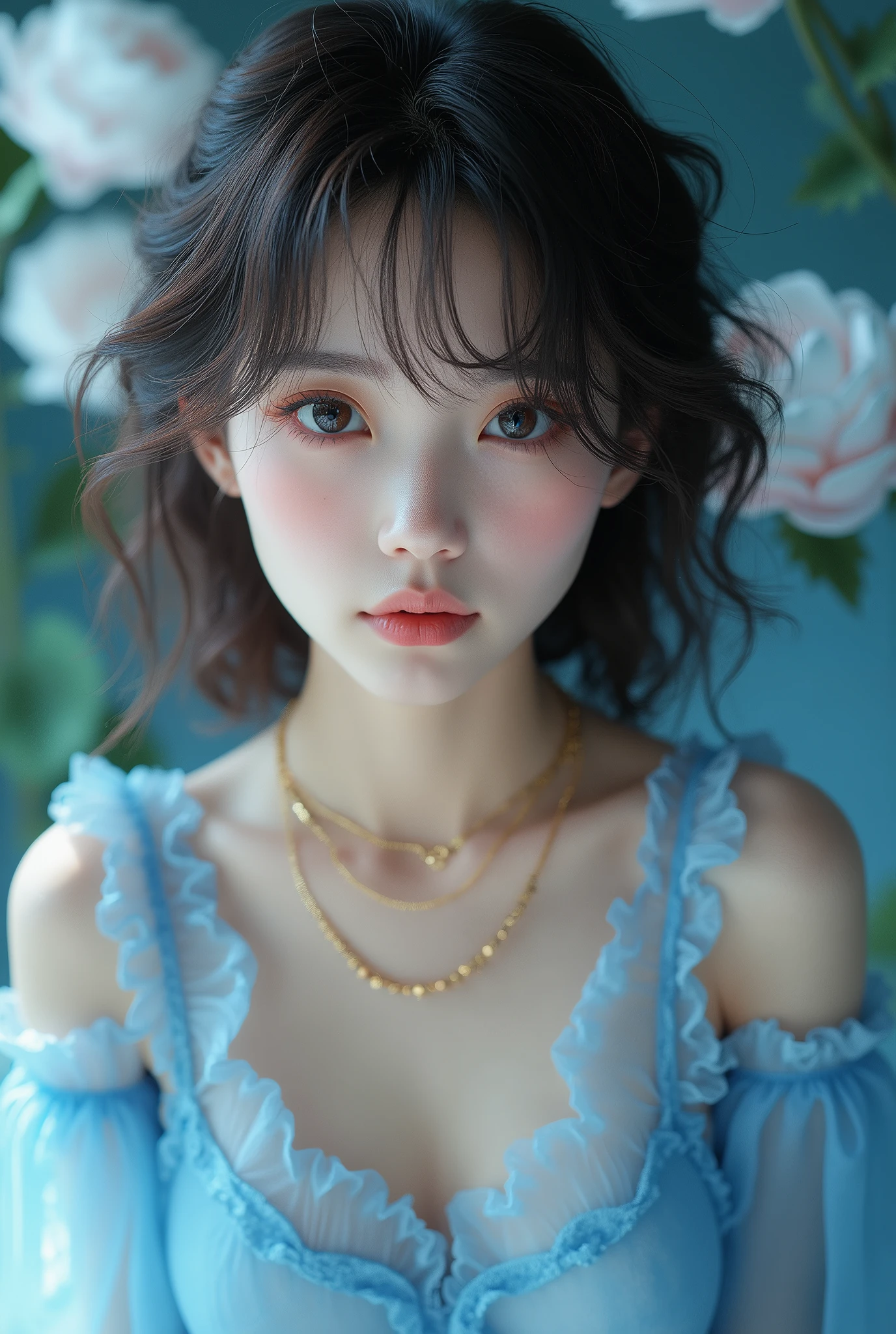 1girl,exquisite facial features,clean face,simle,(big eyes:1.2),21 years old,looking at viewer,leica lens,hyper realistic,wash painting,((ink splashing)),((color splashing)),((((dyeing)))),((chinese style)),Studio light,Medium Long Shot(MLS),Black background centered
