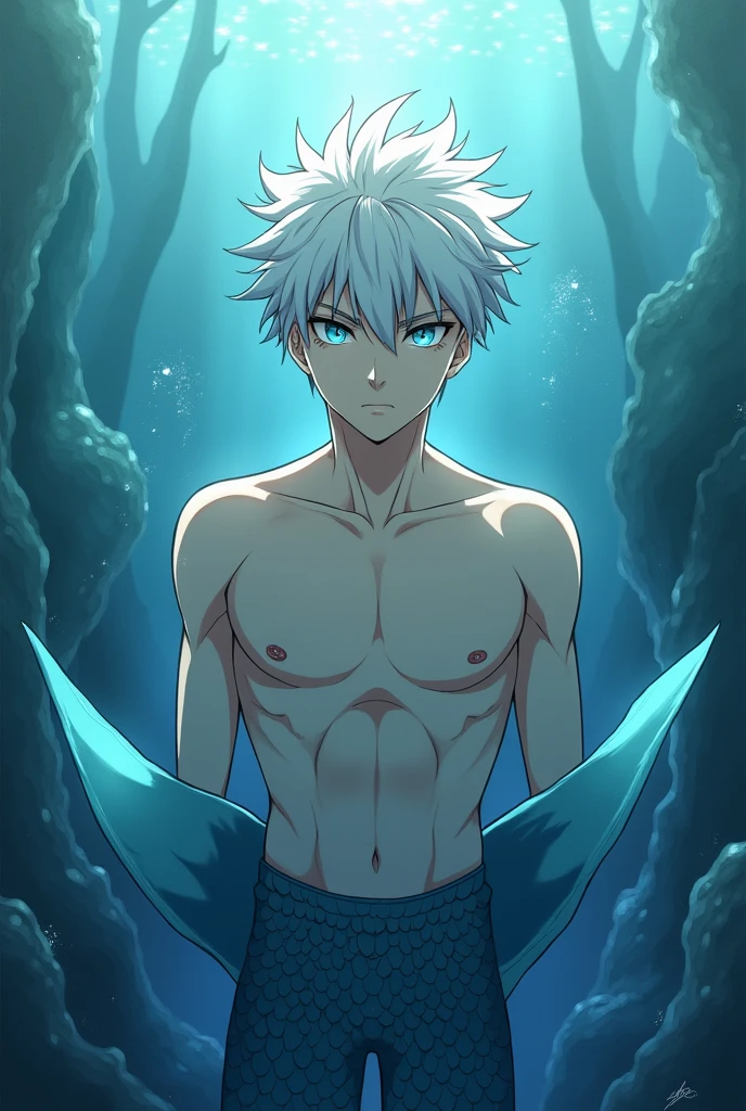 anime character, White hair, spiky hair, Pale skin, purple eyes, Long white eyelashes, male, muscular, white small earrings, big glossy lips, no shirt, walking out of lake