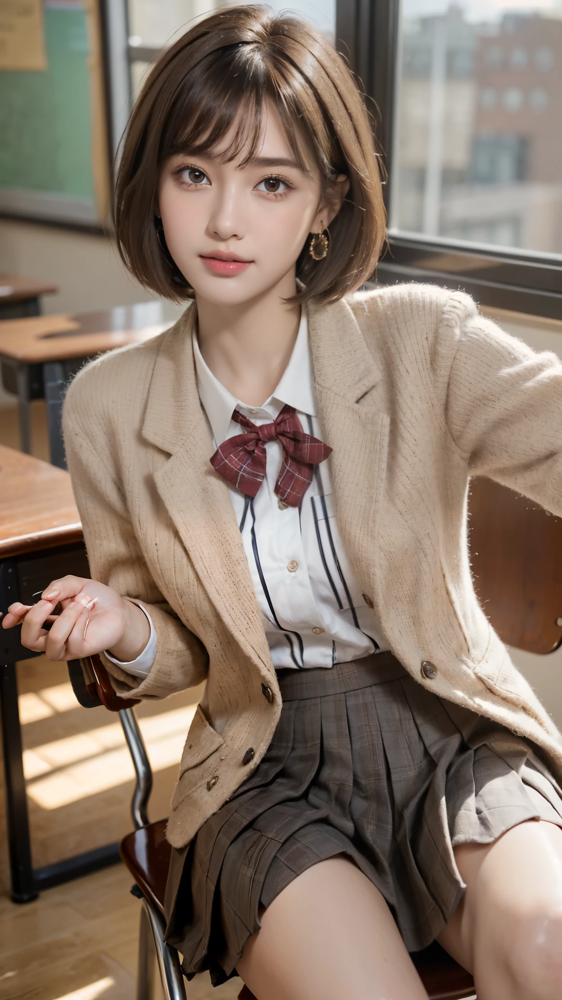 (A beautiful and cute high school girl in a school uniform is sitting in a chair in a high school classroom during lunch break, She is wearing a brown blazer and a plaid pleated skirt as her uniform, with a red ribbon accent around her collar:1.3), 
BREAK 
(Photorealistic, 32k, RAW photo, best quality:1.4), (masterpiece:1.3), (absurdres, attractive, ultra high resolution, ultra realistic, highly detailed, golden ratio, ultra detailed), 
BREAK 
1 beautiful woman, super fucking beautiful detailed face, natural makeup, intricate cloth texture, finely detailed hair texture, beautiful detailed full-body, perfect female form, accurate, Anatomically correct, Highly detailed face and skin texture, (beautiful elegant hands), (realistic skin), (beautiful pale skin:1.1), beautiful Breasts, 
(Perfect dynamic composition, looking at viewer, extreme close-up:1.3),
BREAK 
(School uniform, brown blazer & plaid pleated & red ribbon accent around her collar, detailed cloth texture), (Earrings), 
BREAK,
realistic eyes, beautiful detailed eyes, symmetric eyes, captivating detailed eyes, light brown eyes, double eyelids, thin eyebrows, (glossy lips:1.4), (kissable expression, blush:1.3), (beautiful smile:1.1), 
BREAK,
((short bob cut, dark brown hair, bangs:1.2)), (Daytime, classroom:1.3)