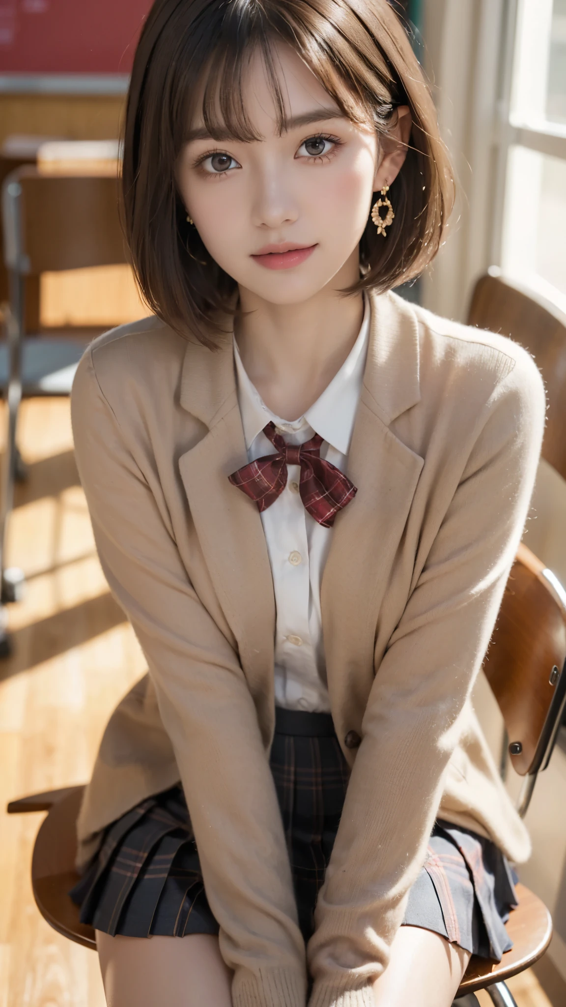 (A beautiful and cute high school girl in a school uniform is sitting in a chair in a high school classroom during lunch break, She is wearing a brown blazer and a plaid pleated skirt as her uniform, with a red ribbon accent around her collar:1.3),
BREAK
(Photorealistic, 32k, RAW photo, best quality:1.4), (masterpiece:1.3), (absurdres, attractive, ultra high resolution, ultra realistic, highly detailed, golden ratio, ultra detailed),
BREAK
1 beautiful woman, super fucking beautiful detailed face, natural makeup, intricate cloth texture, finely detailed hair texture, beautiful detailed full-body, perfect female form, accurate, Anatomically correct, Highly detailed face and skin texture, (beautiful elegant hands), (realistic skin), (beautiful pale skin:1.1), beautiful Breasts,
(Perfect dynamic composition, looking at viewer, extreme close-up:1.3),
BREAK
(School uniform, brown blazer & plaid pleated & red ribbon accent around her collar, detailed cloth texture), (Earrings),
BREAK,
realistic eyes, beautiful detailed eyes, symmetric eyes, captivating detailed eyes, light brown eyes, double eyelids, thin eyebrows, (glossy lips:1.4), (kissable expression, blush:1.3), (beautiful smile:1.1),
BREAK,
((short bob cut, dark brown hair, bangs:1.2)), (Daytime, classroom:1.3)
