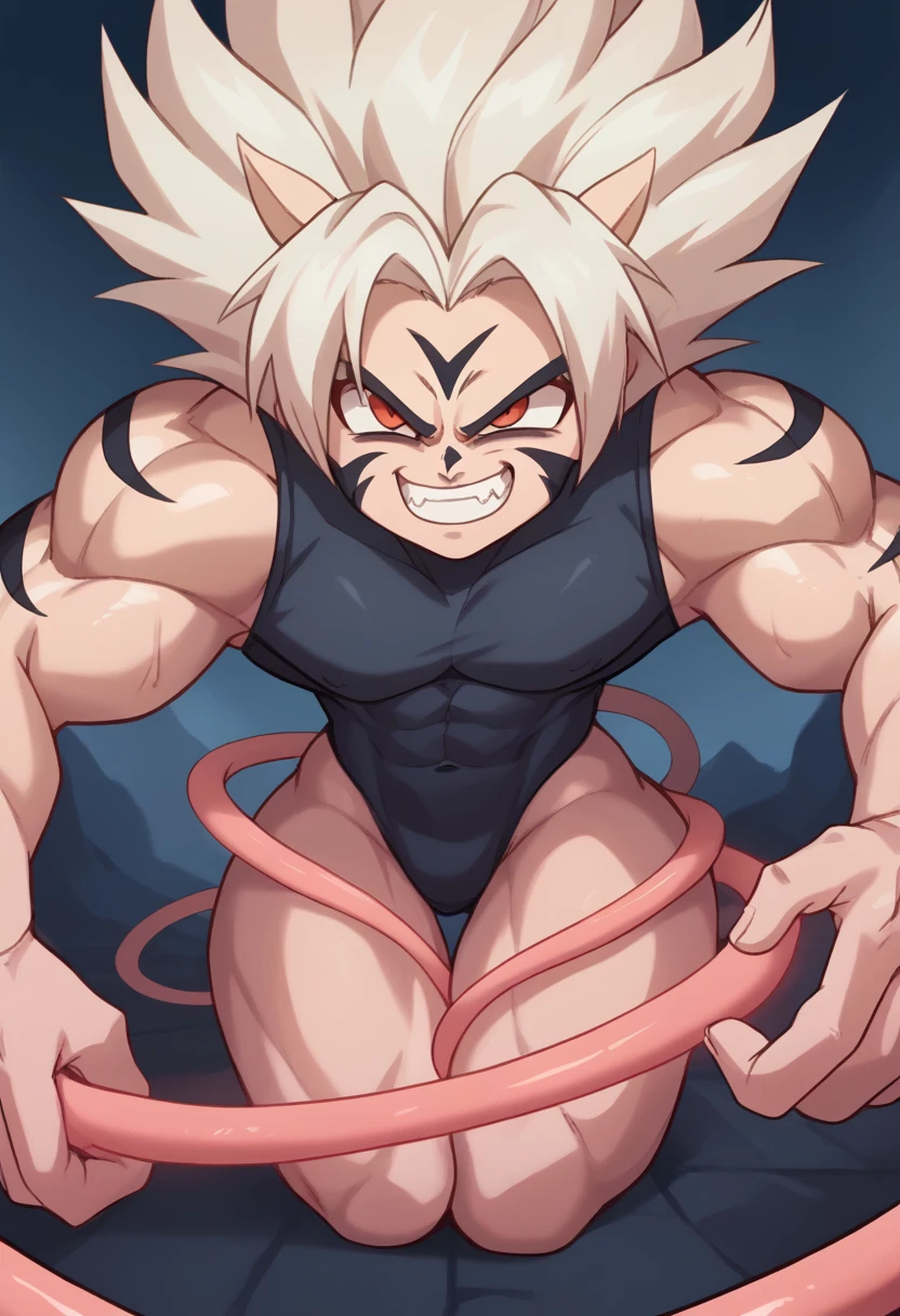 Highest quality,Based on anatomy,Huge muscles,Vegeta and Kogenta (onmyou taisenki)Mix with,Devil's Body,Sexually attractive gestures,Shiny skin,Glowing Skin,((The moment the demon takes over your body,Enormous wings and horns growing,A look filled with evil intent)),Grin,majin body,majin face,