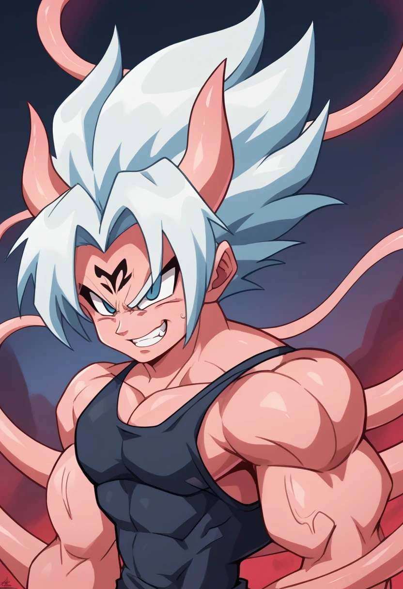 Highest quality,Based on anatomy,Huge muscles,Vegeta and Kogenta (onmyou taisenki)Mix with,Devil's Body,Sexually attractive gestures,Shiny skin,Glowing Skin,((The moment the demon takes over your body,Enormous wings and horns growing,A look filled with evil intent)),Grin,majin body,majin face,