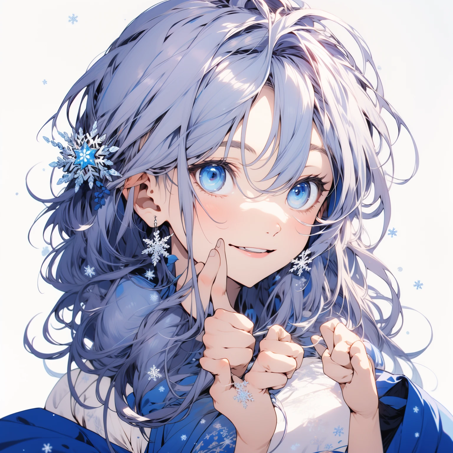 best quality, masterpiece, upper body, 1girl, :d, blue eyes,full bust, (thumbs_up, five finger:1.2), White background, Deep blue eyes,Pale white hair, Snowflake-shaped hair ornaments, Detailed hands, detailed face, detailed hairstyle,Blue outfit, long-hair woman,Japanese anime style,