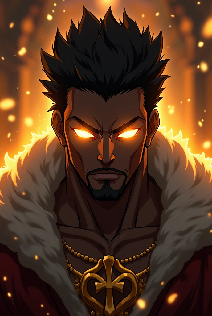 a black man, shirtless, six pack abs, short afro, the king, crown on fire, angry, album cover, plain background, alpha, mob boss aesthetic, 