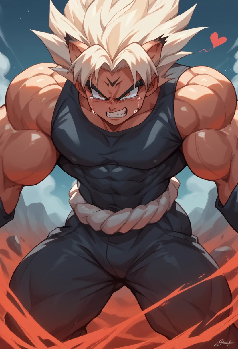 Highest quality,Based on anatomy,Huge muscles,A mix of Vegeta and Kogenta,Devil's Body,Sexually attractive gestures,Shiny skin,Glowing Skin,Being possessed by the devil,Tears,I see the shadow of a black devil entering my body,Evil Heart,